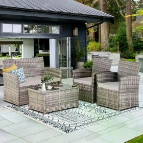 4 Piece Patio Furniture Set, Outdoor Wicker Conversation Sets,Rattan Sectional Sofa w/Coffee Table, for Backyard Garden Poolside