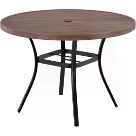 Round Patio Table with Umbrella Hole, All Weather Metal Outdoor Round Table for Lawn Garden, 42"x 28" Walnut Wood-Like