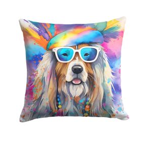 Bearded Collie Hippie Dawg Throw Pillow Machine Washable, Indoor Outdoor Decorative Pillow for Couch, Bed or Patio, 14Hx14W