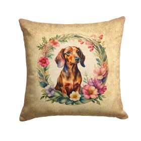 Dachshund and Flowers Throw Pillow Machine Washable, Indoor Outdoor Decorative Pillow for Couch, Bed or Patio, 14Hx14W