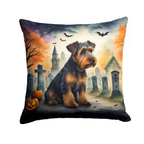 Airedale Terrier Spooky Halloween Throw Pillow Machine Washable, Indoor Outdoor Decorative Pillow for Couch, Bed or Patio, 14Hx14W