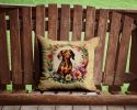 Dachshund and Flowers Throw Pillow Machine Washable, Indoor Outdoor Decorative Pillow for Couch, Bed or Patio, 14Hx14W