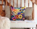 Colorful Pansies Throw Pillow Machine Washable, Indoor Outdoor Decorative Pillow for Couch, Bed or Patio, 14Hx14W