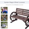 2-Person Seat Bench with Backrest Wooden Wagon Wheel Bench, Rustic Outdoor Patio Furniture-AS