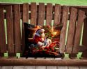 Jack Russell Terrier and Santa Claus Throw Pillow Machine Washable, Indoor Outdoor Decorative Pillow for Couch, Bed or Patio, 14Hx14W