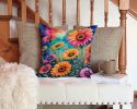 Colorful Gerbera Daisies Throw Pillow Machine Washable, Indoor Outdoor Decorative Pillow for Couch, Bed or Patio, 14Hx14W