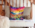 Colorful Scabiosa Throw Pillow Machine Washable, Indoor Outdoor Decorative Pillow for Couch, Bed or Patio, 14Hx14W