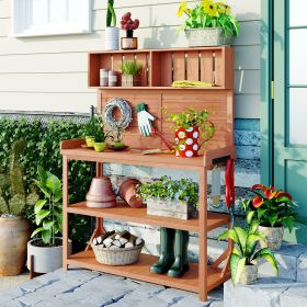 65" Large Wooden Farmhouse Rustic Outdoor Potting Bench Table; Patio Workstation; Garden Potting Bench with 4 Storage Shelves and Side Hook (Color: natural)