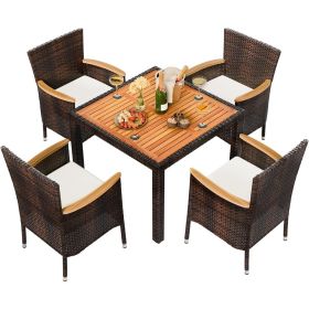 Patio Furniture Set for 5 Piece, with Wood Table Top, Outdoor Table and Chairs with Soft Cushions, Outside Furniture Set (Color: Brown)