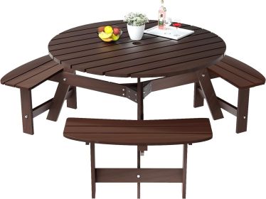 6 Person Wooden Picnic Benches, Outdoor Round Table with Umbrella Hold Design for Patio, Backyard, Garden, Adults and Kids (Color: Brown 1)