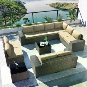 Outdoor Patio Furniture Set 6 Pieces Sectional Rattan Sofa Set Brown PE Rattan Wicker Patio Conversation 1 Tempered Glass Table (Color: 8pcs Sand)