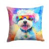 Bichon Frise Hippie Dawg Throw Pillow Machine Washable, Indoor Outdoor Decorative Pillow for Couch, Bed or Patio, 14Hx14W