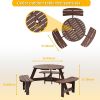 6 Person Wooden Picnic Benches, Outdoor Round Table with Umbrella Hold Design for Patio, Backyard, Garden, Adults and Kids