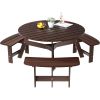 6 Person Wooden Picnic Benches, Outdoor Round Table with Umbrella Hold Design for Patio, Backyard, Garden, Adults and Kids