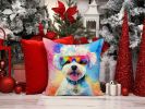 Bichon Frise Hippie Dawg Throw Pillow Machine Washable, Indoor Outdoor Decorative Pillow for Couch, Bed or Patio, 14Hx14W