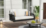 PE Wicker Porch Swing, 2-Seater Hanging Bench With Chains, Patio Furniture Swing For Backyard Garden Poolside