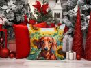 Dachshund in Sunflowers Throw Pillow Machine Washable, Indoor Outdoor Decorative Pillow for Couch, Bed or Patio, 14Hx14W